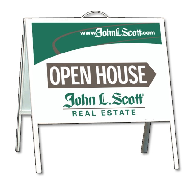 John L. Scott Angle Iron A-Frame and open house sign panel unit, .050 polyethylene 18"h x 24"w