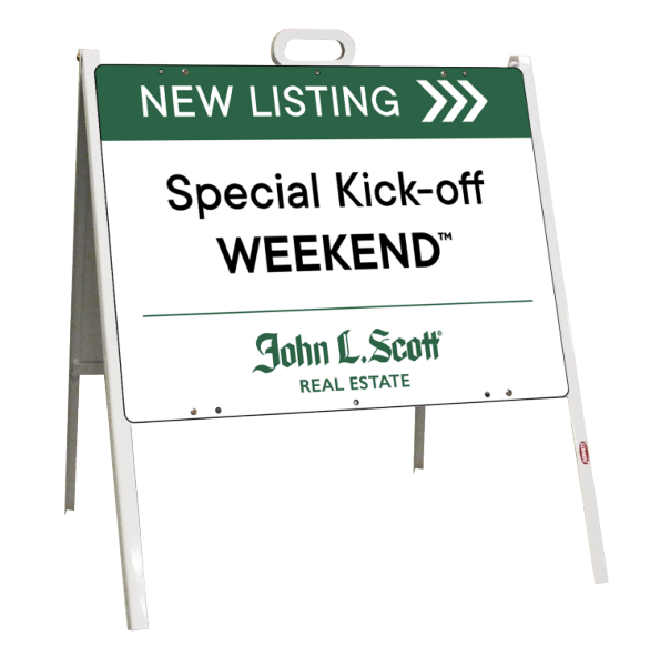 John L. Scott Angle Iron A-Frame and New Listing Special Kick-off Weekend sign panel unit, 18"h x 24"w, Stee;