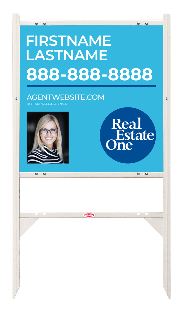 Reflective Angle Iron Frame W/ 1 Rider Inserts And Agent Photo Sign Panel Unit, 24"H X 24"W, 3mm Aluminum Composite