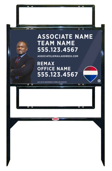 RE/MAX Reflective Angle Iron Frame and Associate Name, Team Name w/ Cut Out Photo Sign Unit w/2 Rider Insert, 18"h x 30"w, Steel