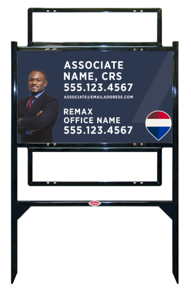 RE/MAX Angle Iron Frame and Associate Name, CRS w/ Cut Out Photo Sign Unit w/2 Rider Insert, 18"h x 30"w, Steel