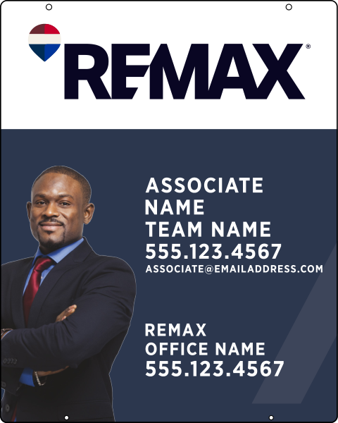 RE/MAX Reflective Hanging Assoiciate Name, Team Name w/ Cut Out Photo Sign Panel, 30"h x 24"w, .063 Aluminum