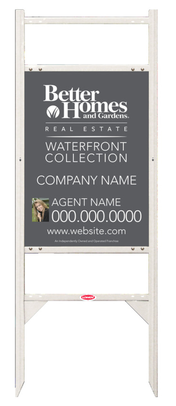Waterfront Collection real estate white angle iron sign frame and photo panel unit with two rider inserts, 24 GA steel 24h x 18w