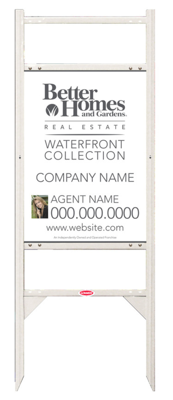Waterfront Collection real estate white angle iron sign frame and photo panel unit with two rider inserts, 24 GA steel 24h x 18w