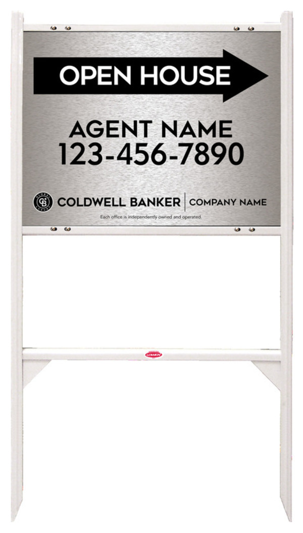 Angle Iron Frame and Agent Open House Sign Panel Unit, 18h x 24w, Brushed Aluminum Composite