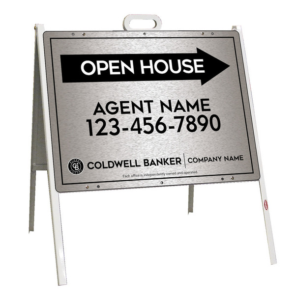 A-Frame and Agent Open House Sign Panel Unit, 18h x 24w, Brushed Aluminum Composite