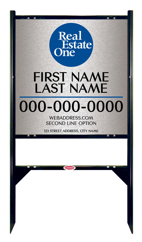 Angle Iron Frame w 1 Rider Inserts and Agent Name Sign Panel Unit, 24h x 24w, 3MM Brushed Aluminum Composite